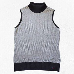 Tommy Hilfiger Black White Herringbone Turtleneck Golf Sweater Vest Size Medium